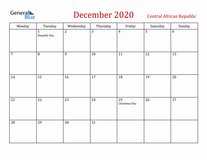 Central African Republic December 2020 Calendar - Monday Start