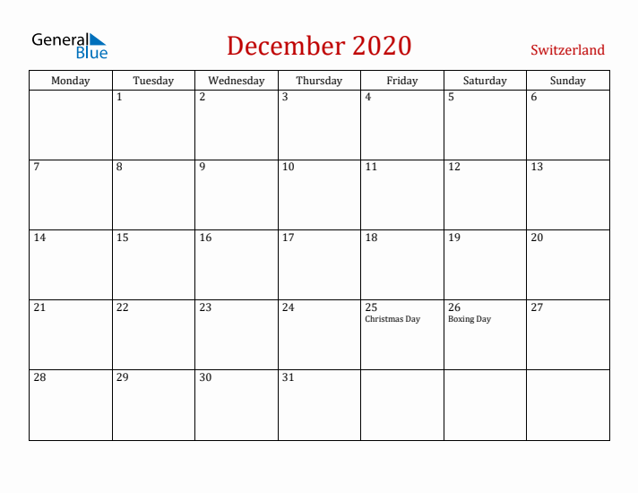 Switzerland December 2020 Calendar - Monday Start