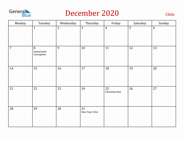 Chile December 2020 Calendar - Monday Start