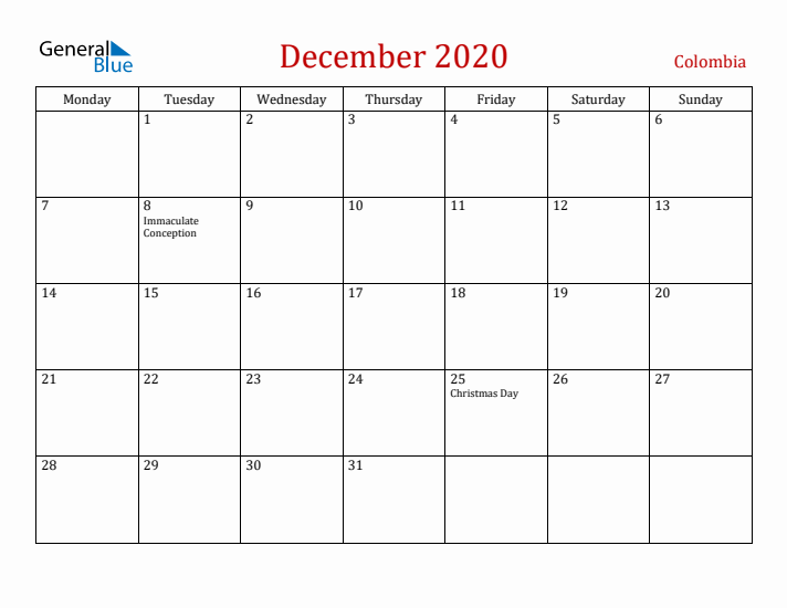 Colombia December 2020 Calendar - Monday Start