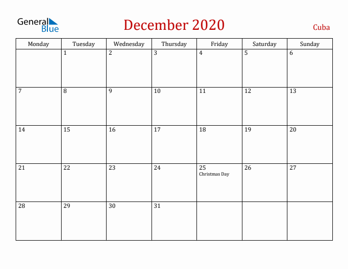 Cuba December 2020 Calendar - Monday Start