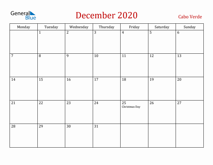 Cabo Verde December 2020 Calendar - Monday Start