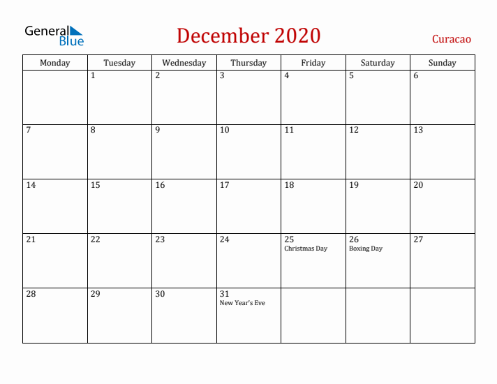 Curacao December 2020 Calendar - Monday Start