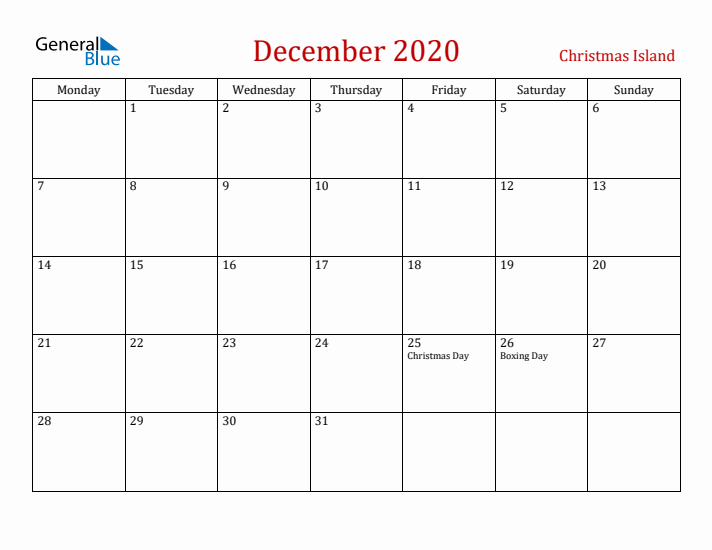 Christmas Island December 2020 Calendar - Monday Start
