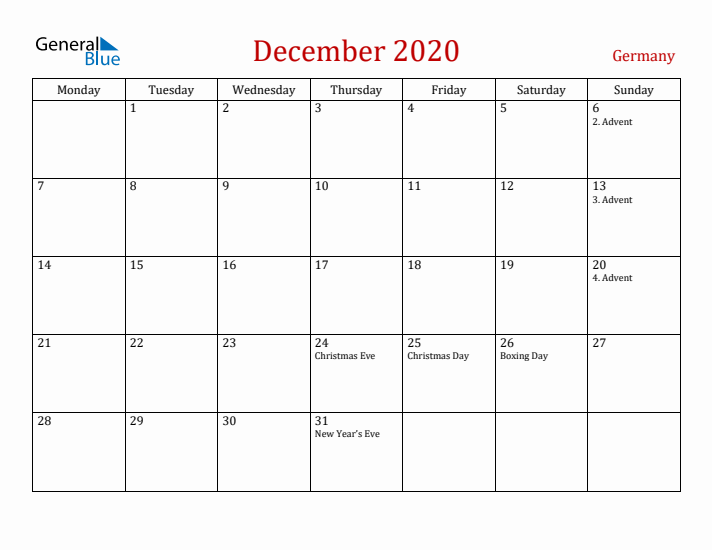 Germany December 2020 Calendar - Monday Start