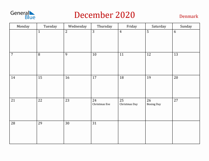 Denmark December 2020 Calendar - Monday Start