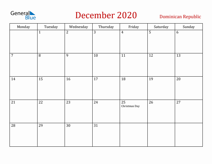 Dominican Republic December 2020 Calendar - Monday Start