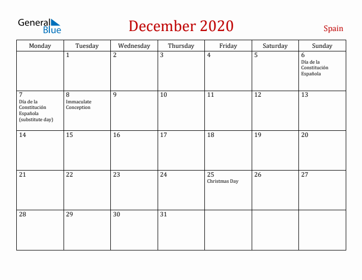 Spain December 2020 Calendar - Monday Start