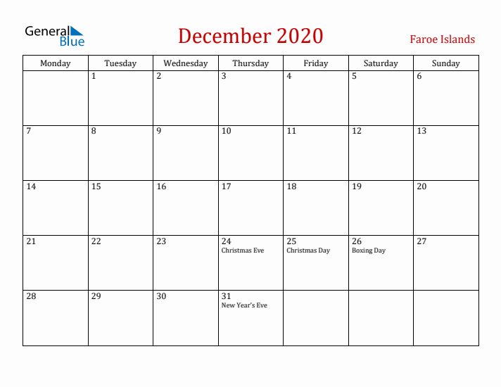 Faroe Islands December 2020 Calendar - Monday Start