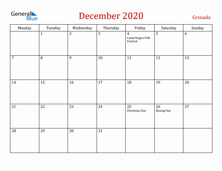 Grenada December 2020 Calendar - Monday Start