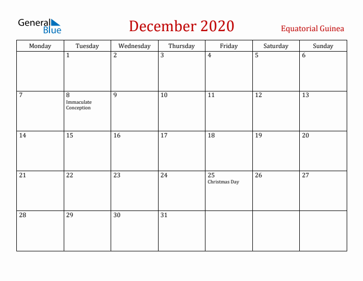 Equatorial Guinea December 2020 Calendar - Monday Start