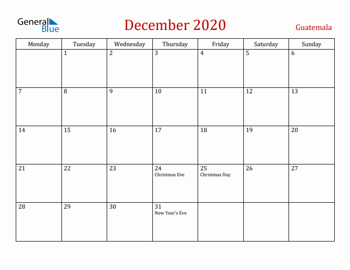 Guatemala December 2020 Calendar - Monday Start