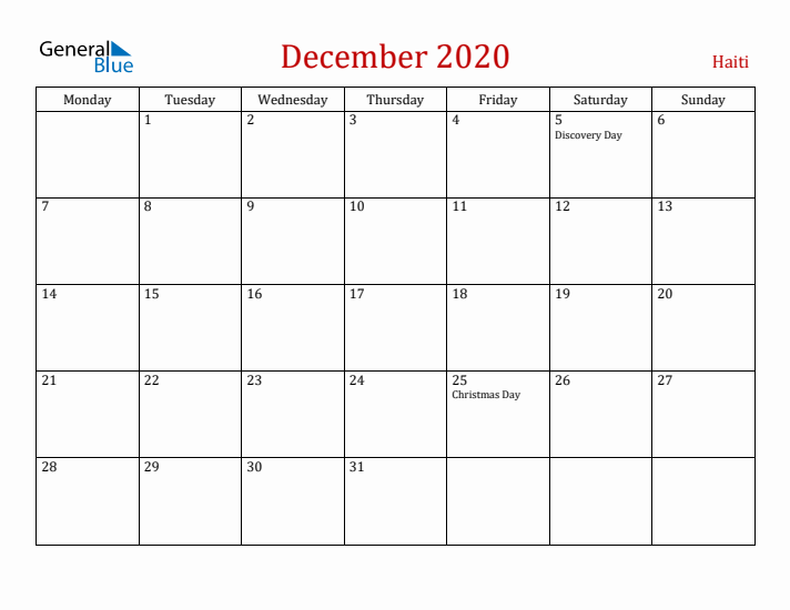 Haiti December 2020 Calendar - Monday Start
