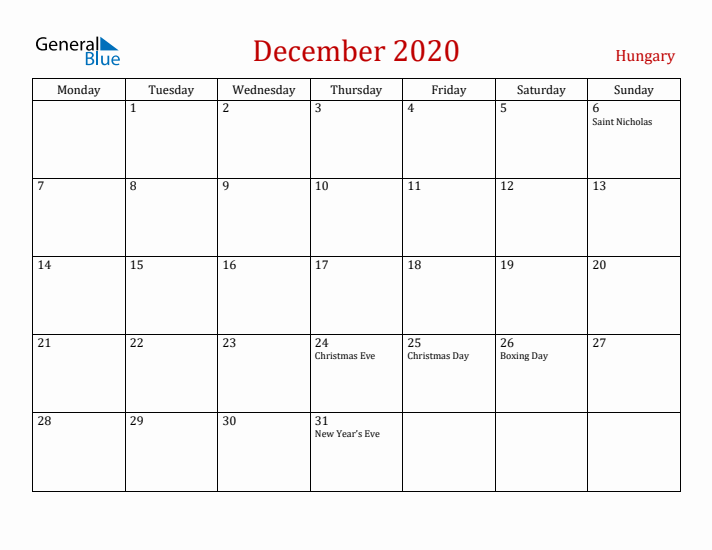 Hungary December 2020 Calendar - Monday Start