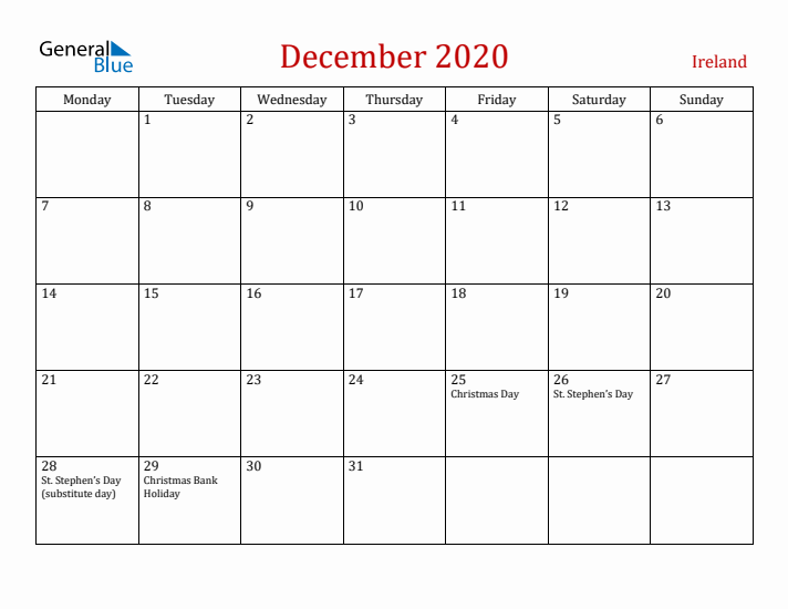 Ireland December 2020 Calendar - Monday Start