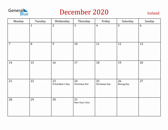 Iceland December 2020 Calendar - Monday Start