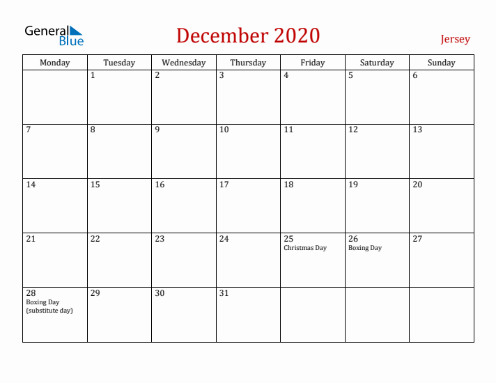 Jersey December 2020 Calendar - Monday Start
