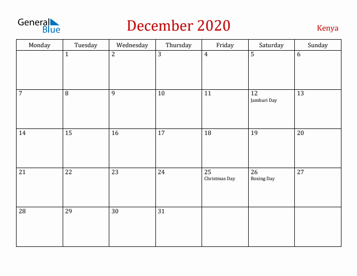 Kenya December 2020 Calendar - Monday Start