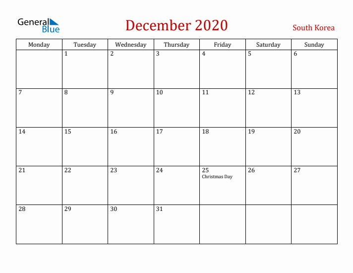South Korea December 2020 Calendar - Monday Start