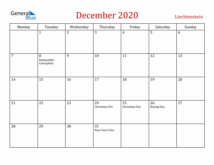 Liechtenstein December 2020 Calendar - Monday Start