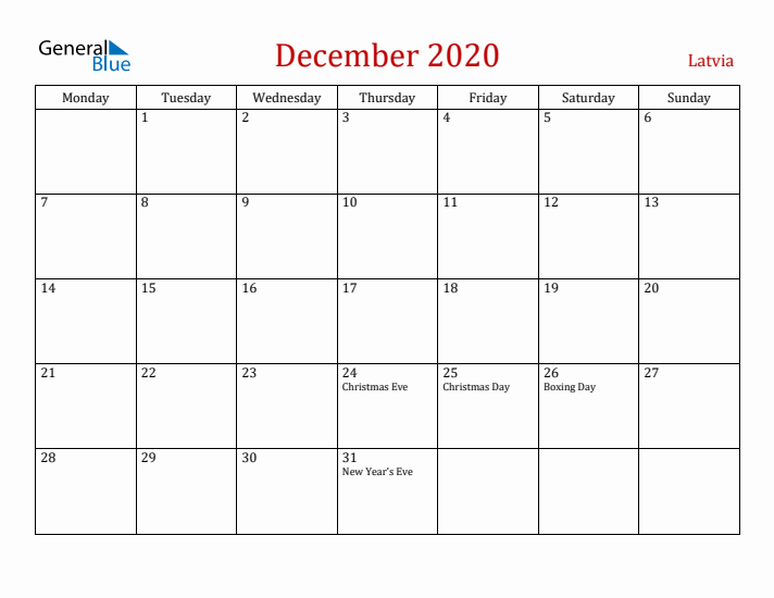 Latvia December 2020 Calendar - Monday Start