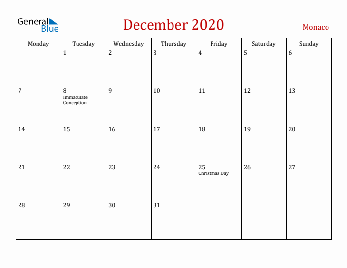 Monaco December 2020 Calendar - Monday Start