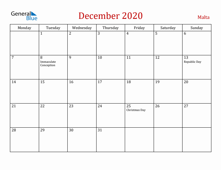 Malta December 2020 Calendar - Monday Start