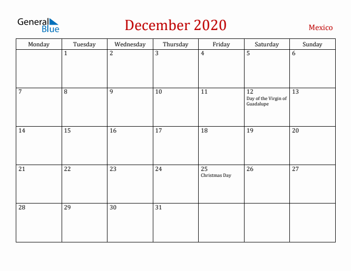 Mexico December 2020 Calendar - Monday Start