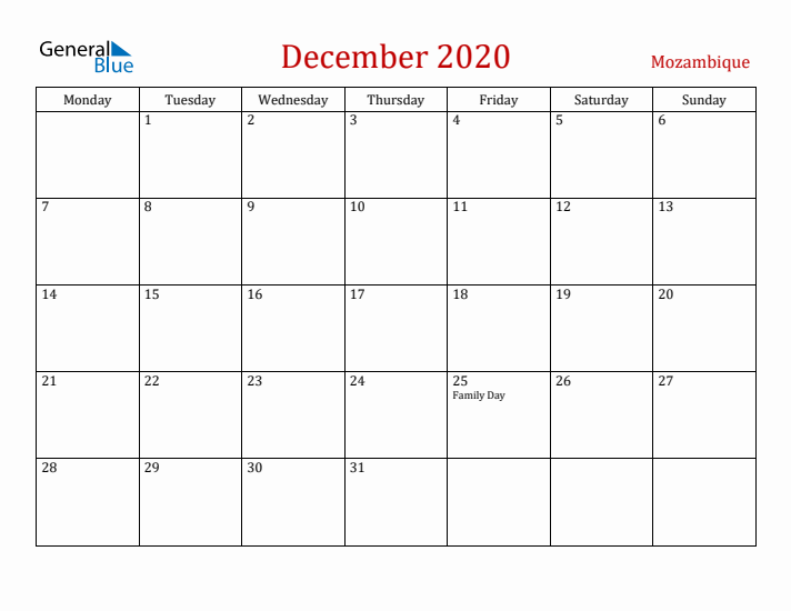 Mozambique December 2020 Calendar - Monday Start