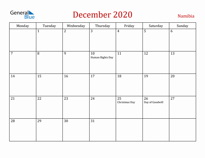 Namibia December 2020 Calendar - Monday Start
