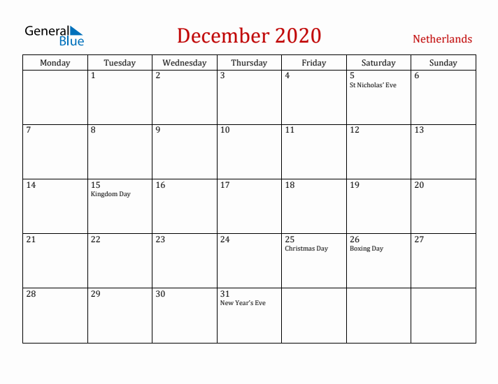 The Netherlands December 2020 Calendar - Monday Start