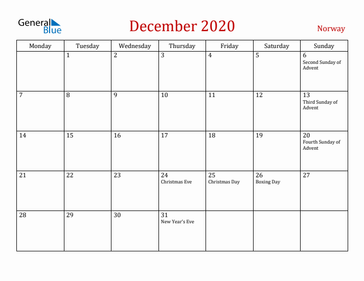 Norway December 2020 Calendar - Monday Start