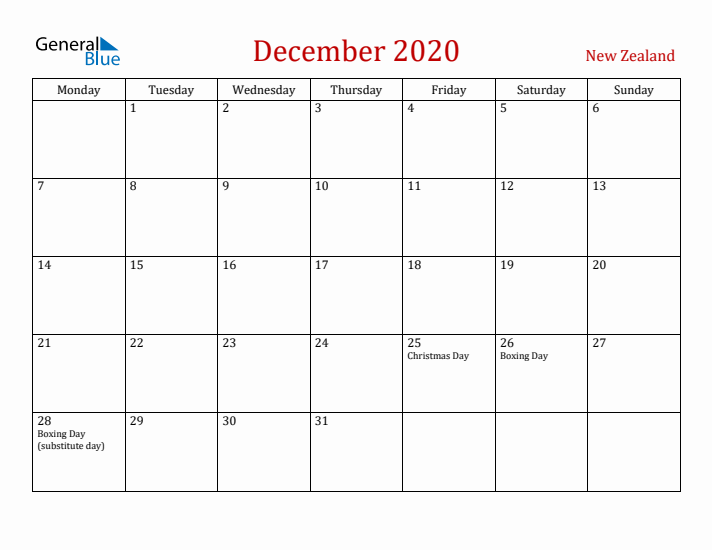 New Zealand December 2020 Calendar - Monday Start