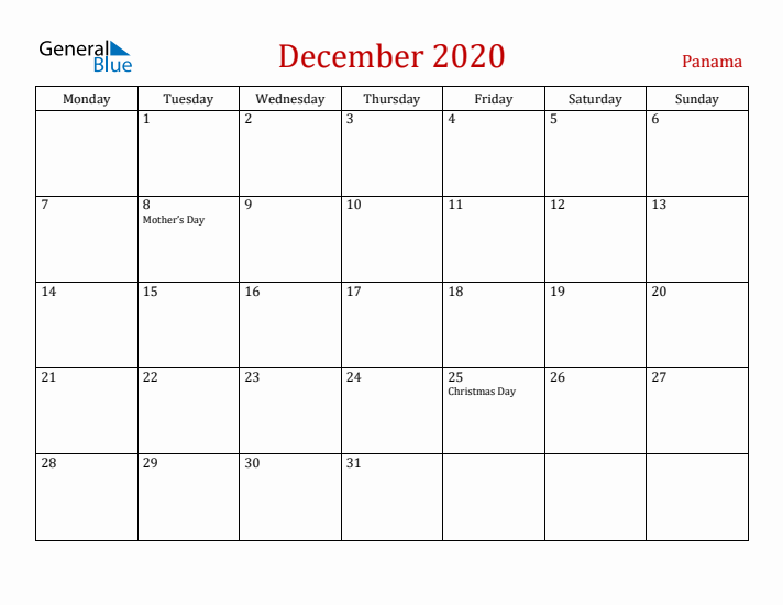 Panama December 2020 Calendar - Monday Start