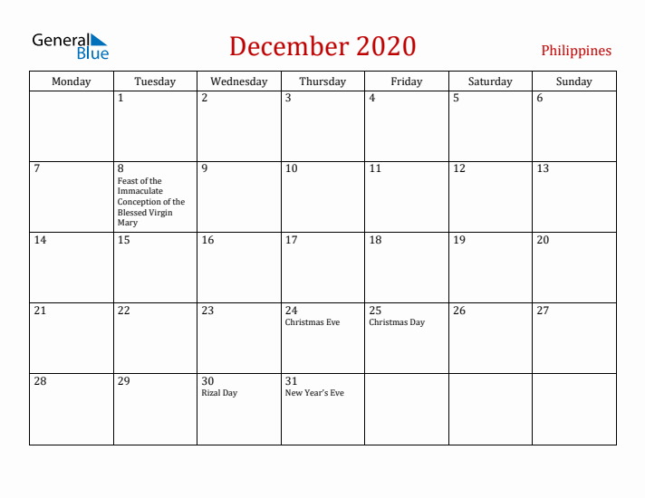 Philippines December 2020 Calendar - Monday Start