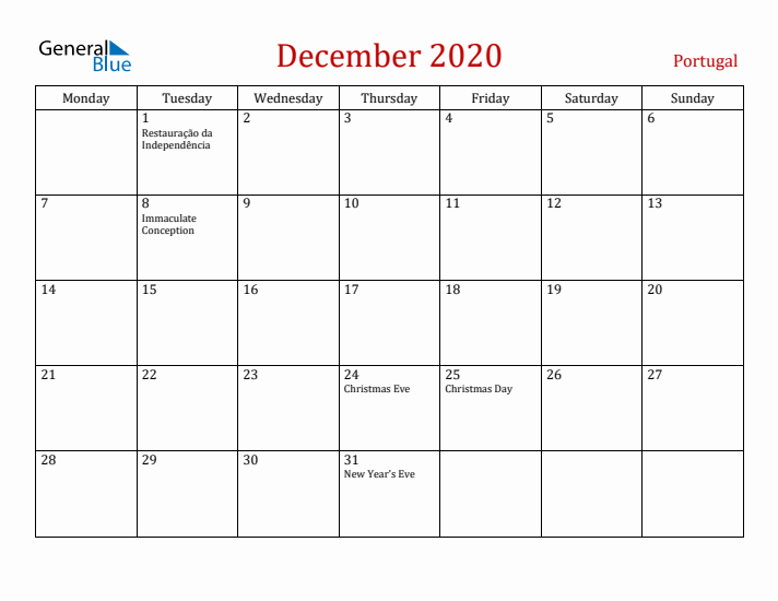 Portugal December 2020 Calendar - Monday Start