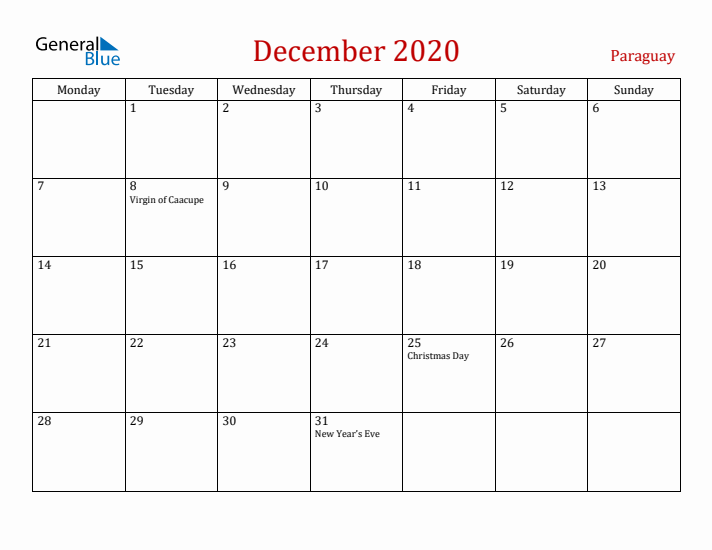 Paraguay December 2020 Calendar - Monday Start