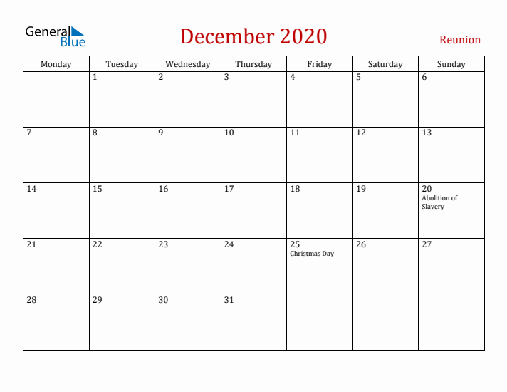 Reunion December 2020 Calendar - Monday Start