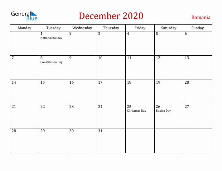 Romania December 2020 Calendar - Monday Start