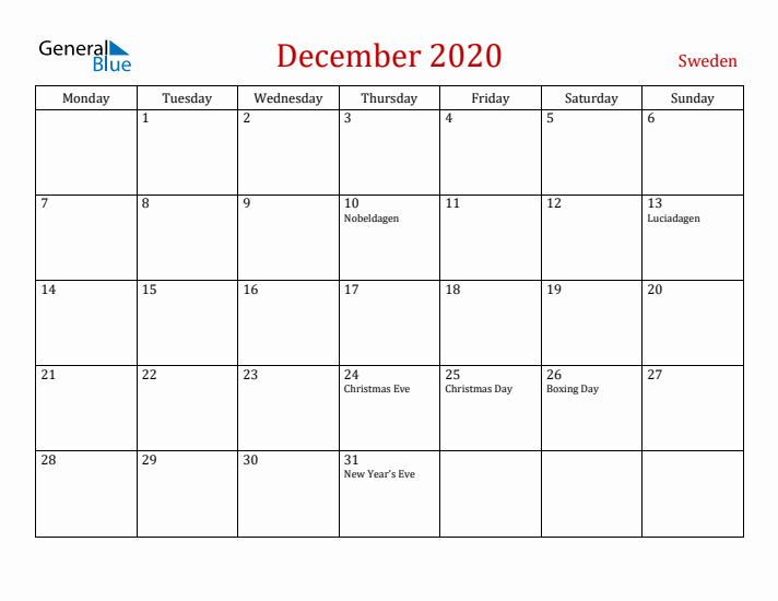 Sweden December 2020 Calendar - Monday Start