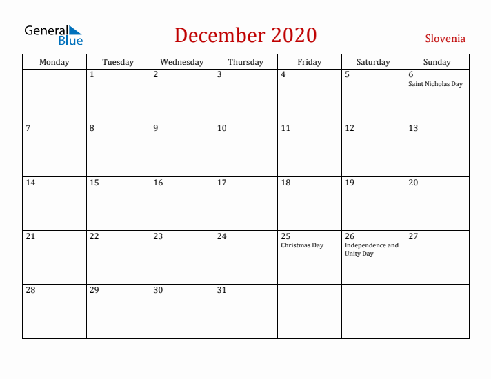 Slovenia December 2020 Calendar - Monday Start