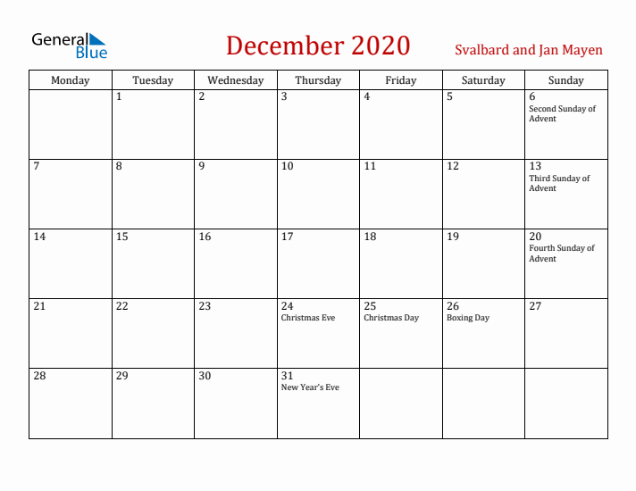 Svalbard and Jan Mayen December 2020 Calendar - Monday Start