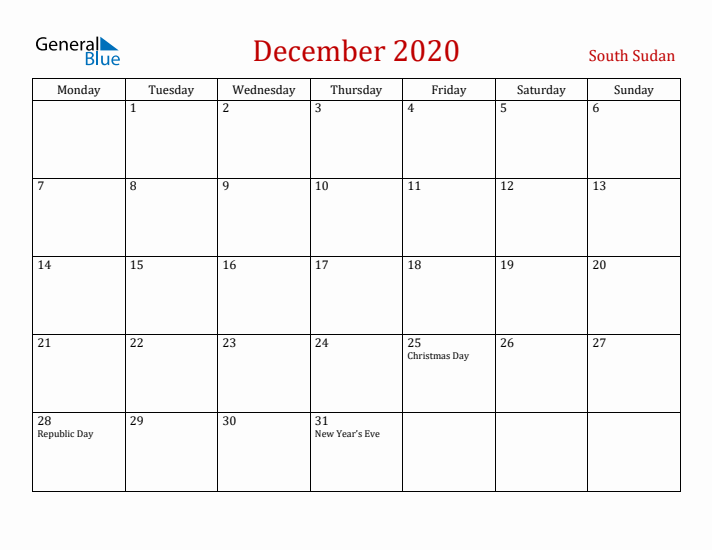 South Sudan December 2020 Calendar - Monday Start