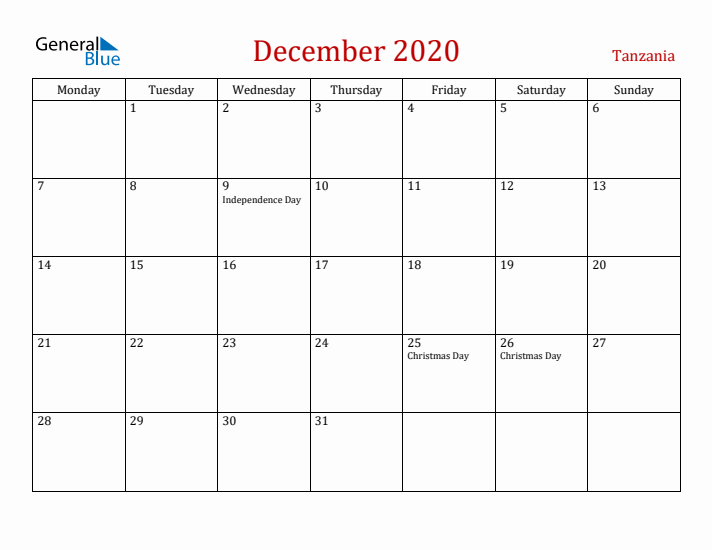 Tanzania December 2020 Calendar - Monday Start