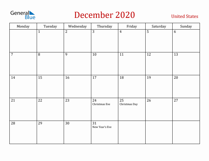 United States December 2020 Calendar - Monday Start