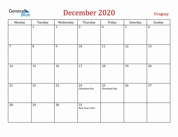 Uruguay December 2020 Calendar - Monday Start