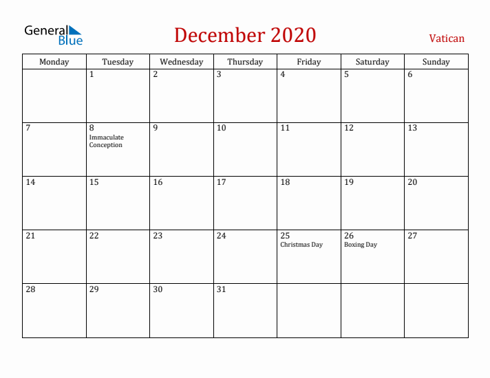 Vatican December 2020 Calendar - Monday Start