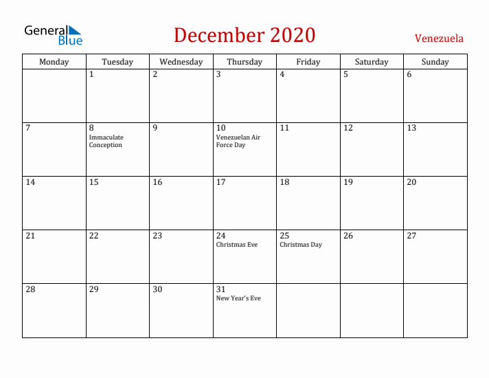 Venezuela December 2020 Calendar - Monday Start
