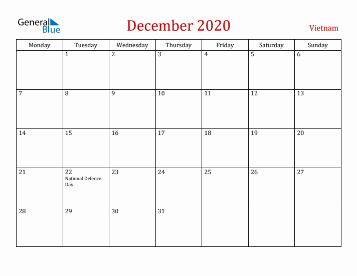Vietnam December 2020 Calendar - Monday Start