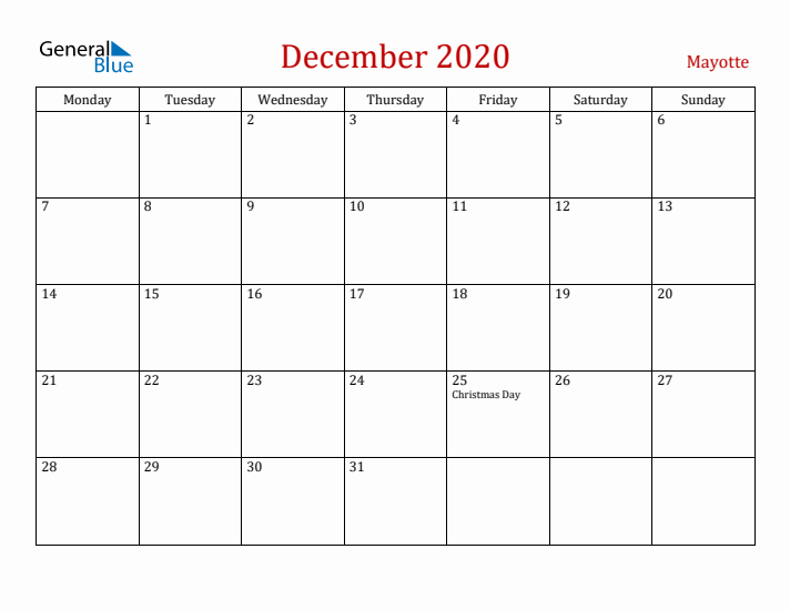 Mayotte December 2020 Calendar - Monday Start